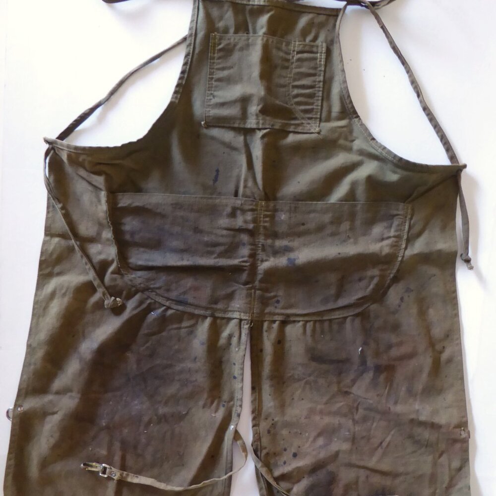 VINTAGE LEATHER CANVAS HAY CARTING WORKING COWBOY FARMER CHAPS (PRE-OWNED) - Picture 11 of 15